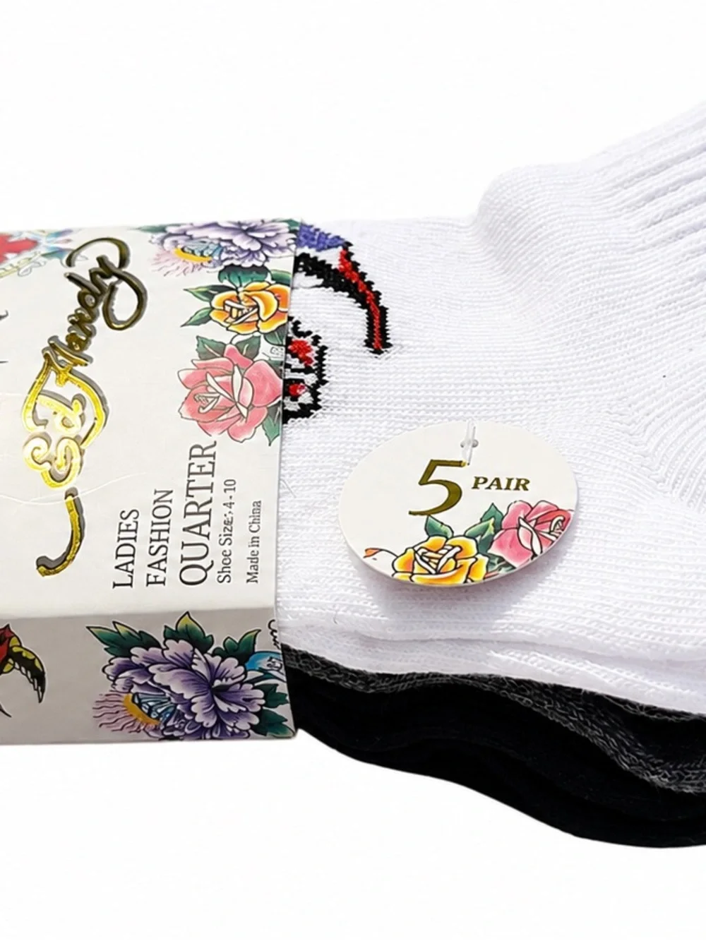 Ed Hardy Women’s 5 Pair Quarter Socks Y2K Tattoo Logo NWT